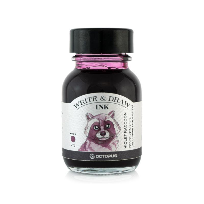 Vibrant 479 Violet Raccoon ink in a 50ml bottle, perfect for fountain pens, smudge-proof and waterproof for artists.