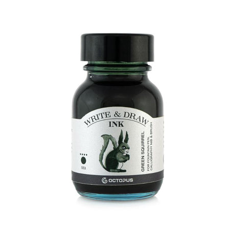 50ml bottle of Octopus Fluids Write and Draw Ink 553 in Green Squirrel, vibrant, smudge-proof, waterproof ink for creative projects.