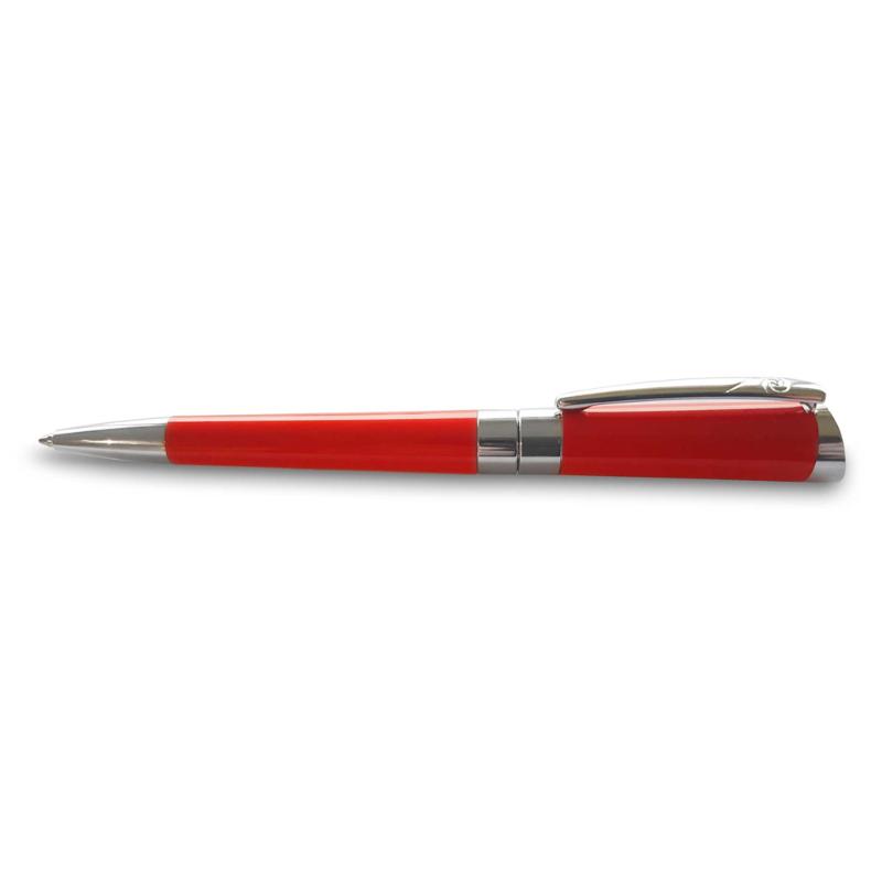 Elegant red Pierre Cardin ballpoint pen with chrome accents, smooth twist action, and premium ink for a luxurious writing experience.