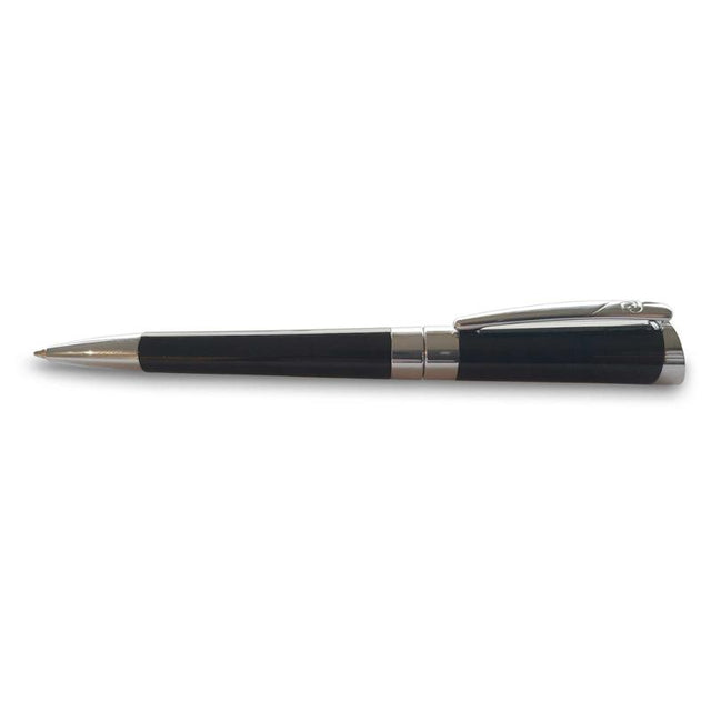 Pierre Cardin Evolution Black ballpoint pen in sleek design, lacquered brass with chrome accents, luxury writing experience.