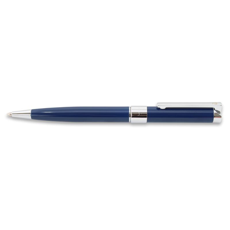 Elegant blue and chrome Pierre Cardin Noblesse ballpoint pen with twist action, high-capacity refill, and refined design.