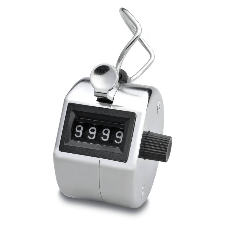 Chrome-plated metal hand tally counter with 4-digit display and finger ring for precise counting in various applications.