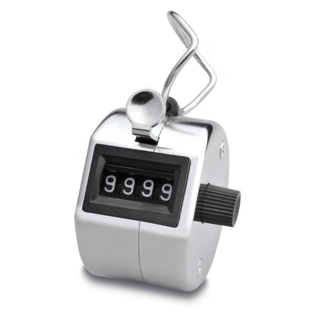 Chrome-plated metal hand tally counter with 4-digit display and finger ring for precise counting in various applications.