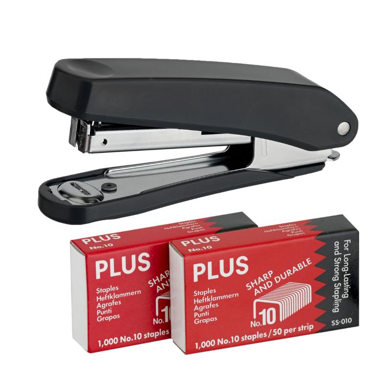 Dark grey Plus Stapler PS10E with 2000 staples, ergonomic design for smooth stapling up to 20 sheets, ideal for office use.