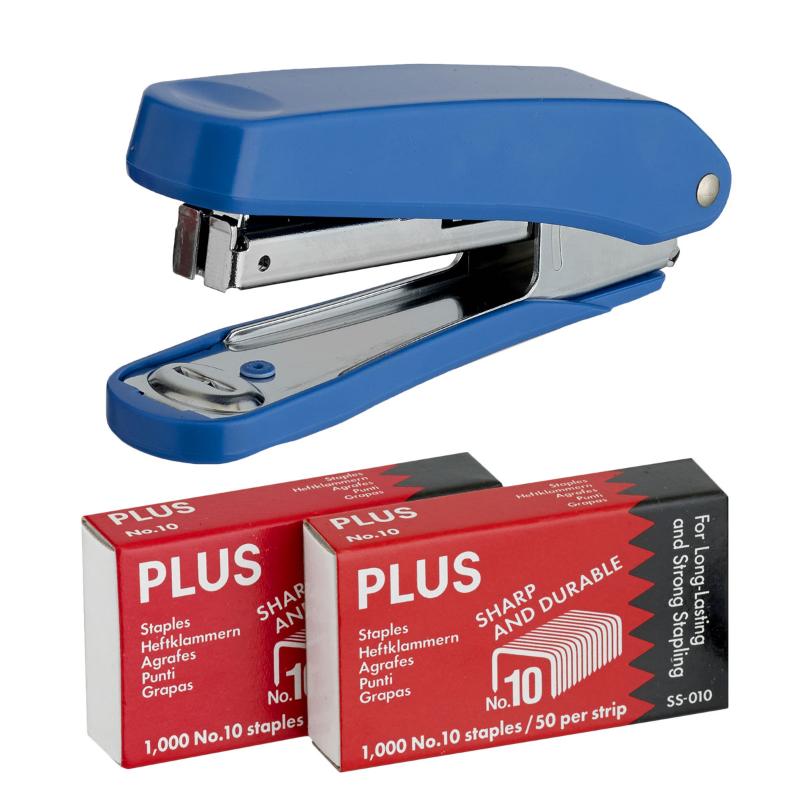 Plus Stapler PS10E in blue, ergonomic design for easy handling, includes 2000 #10 staples, staples up to 15 sheets.
