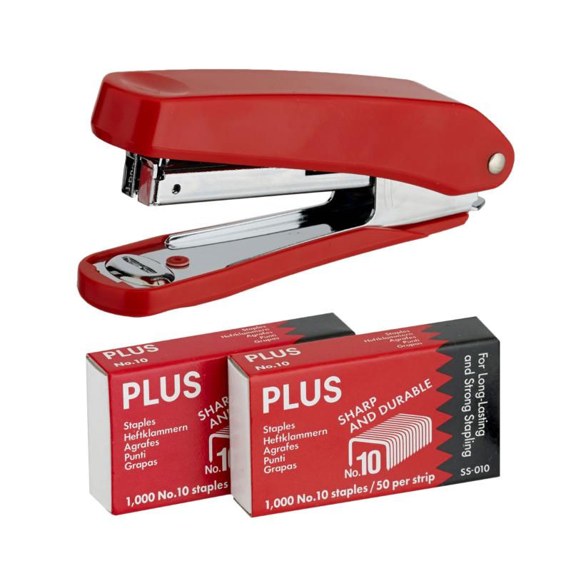 Red Plus stapler with rounded grip, staples up to 15 sheets, includes 2000 staples and a staple check hole.