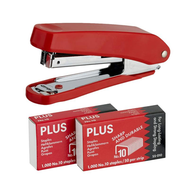 Red Plus stapler with rounded grip, staples up to 15 sheets, includes 2000 staples and a staple check hole.