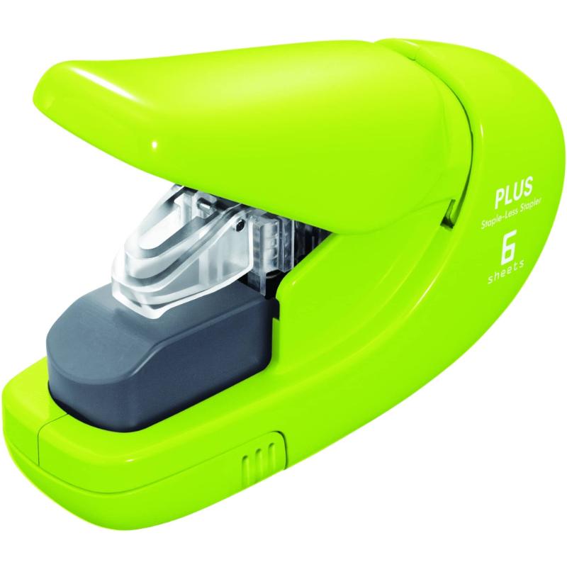 Vibrant green Plus StapleLess Stapler securely fastens up to 5 sheets without staples, eco-friendly and child-safe design.