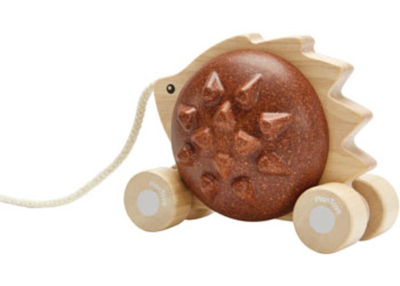 Wooden Pull-Along Hedgehog in Brown with colorful removable spikes, encouraging motor skills and imaginative play for toddlers.