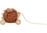 Wooden Pull-Along Hedgehog in brown with colorful, removable spikes for toddlers, enhancing motor skills and imaginative play.