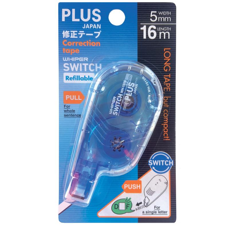 Plus Switch Long Correction Tape 5mm x 16m WH1515 features durable mini-roller head for smooth, accurate corrections.