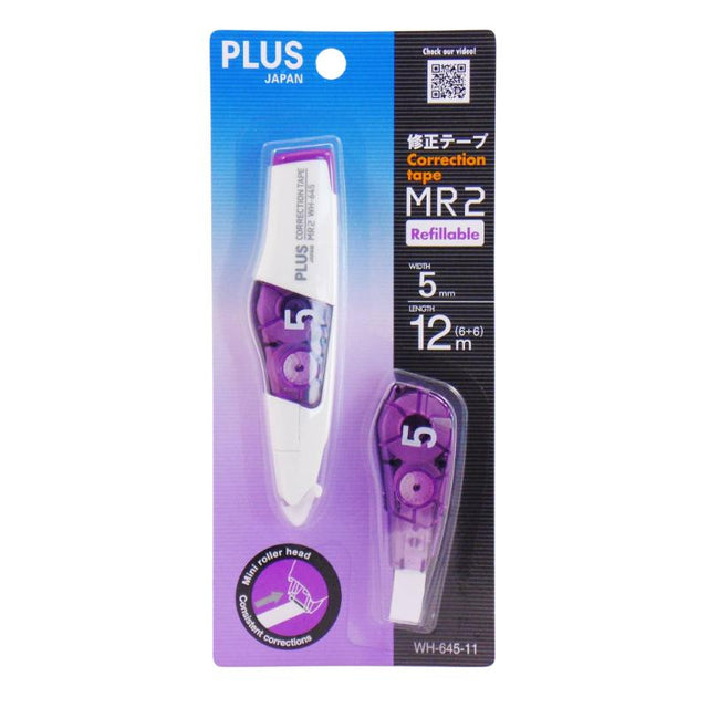 Plus MR2 Correction Tape in purple, 5mm x 6m, featuring ergonomic design and flexible head for easy and precise corrections.