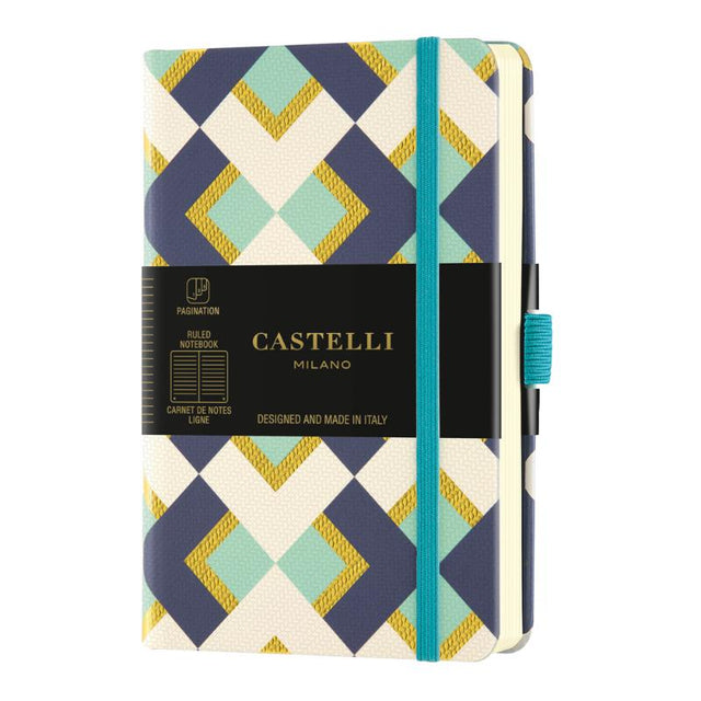 Elegant pocket notebook with geometric designs, ruled ivory pages, gold ribbon marker, and eco-friendly certification.