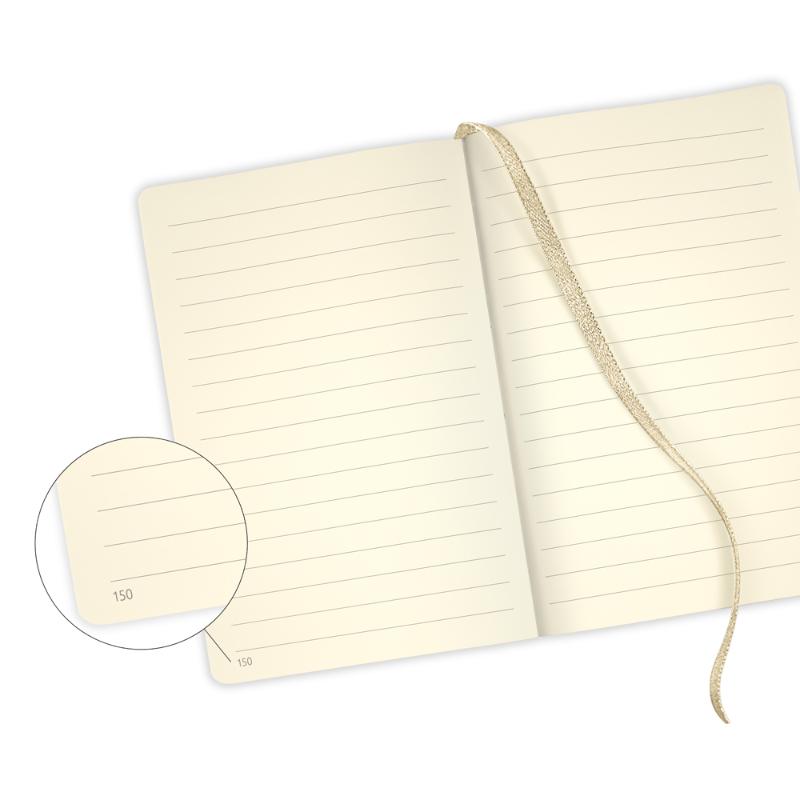 Elegant pocket notebook with geometric designs, ribbed finish, ruled ivory pages, gold marker, and eco-friendly certification.