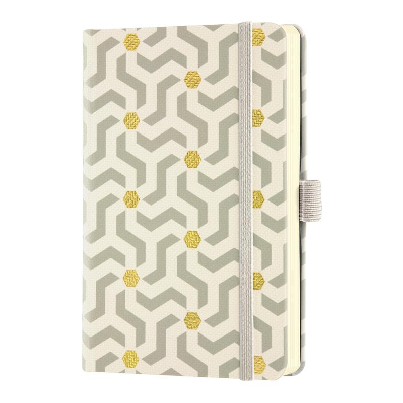 Castelli Oro Notebook with textured geometric design, ruled ivory pages, ribbon marker, and FSC-certified for sustainability.