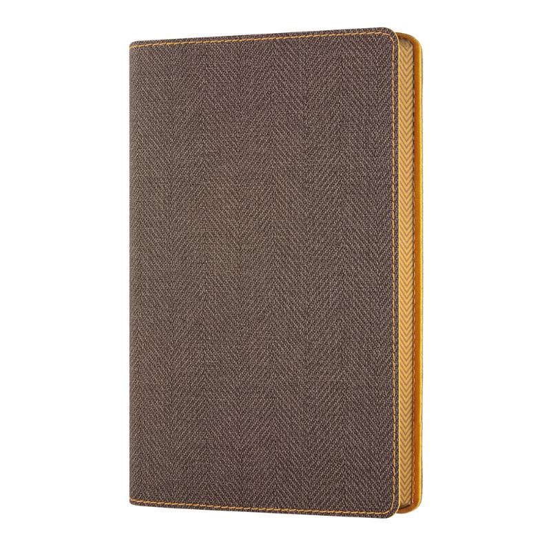 Elegant Tobacco Brown Castelli Notebook with ruled ivory pages, flexible tweed cover, ribbon marker, and sustainable design.