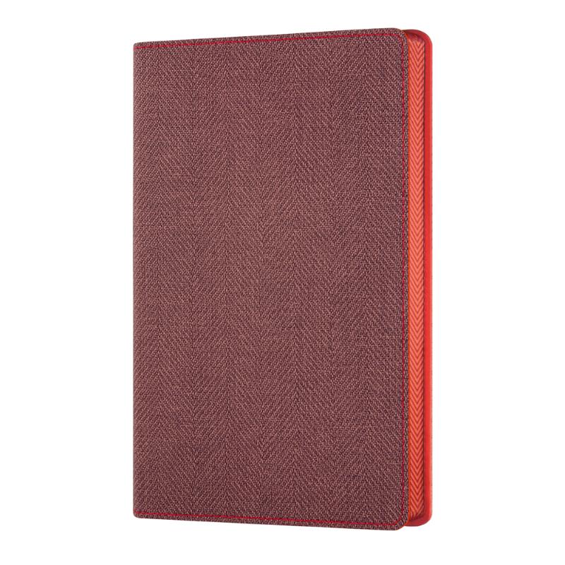 Pocket-sized Castelli Notebook in Maple Red with tweed cover, ruled ivory pages, ribbon marker, and FSC-certified paper.