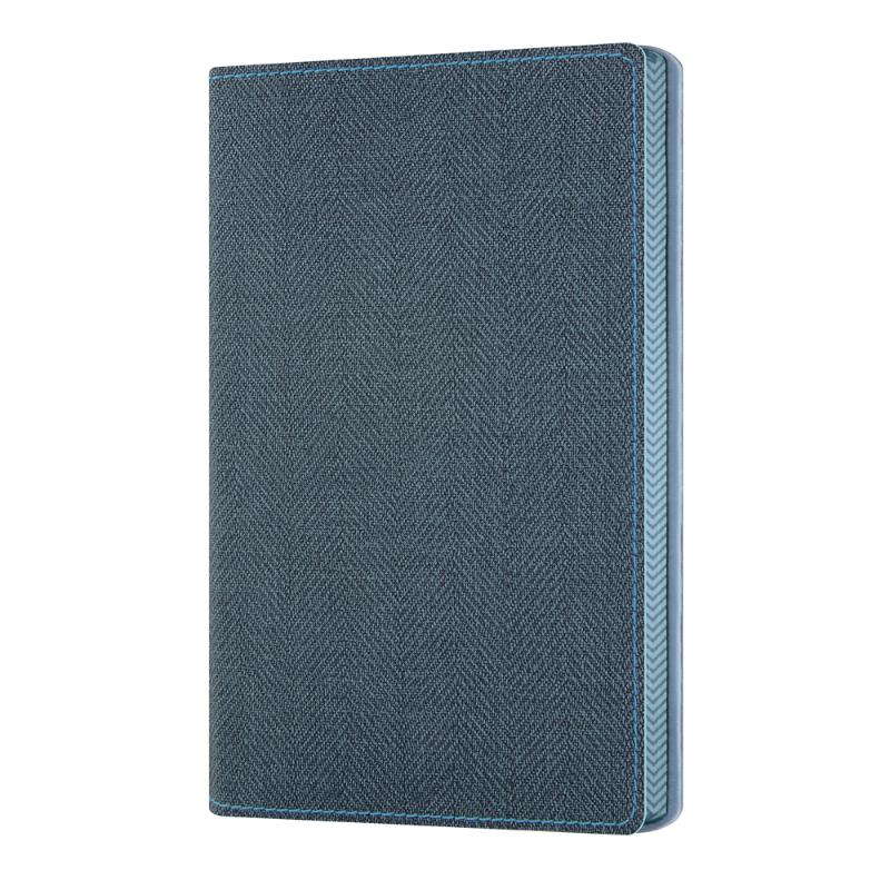 Elegant slate blue pocket notebook with soft tweed effect cover, ivory ruled pages, and stylish ribbon marker.