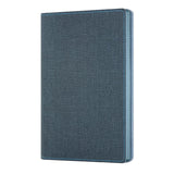 Elegant slate blue pocket notebook with soft tweed effect cover, ivory ruled pages, and stylish ribbon marker.