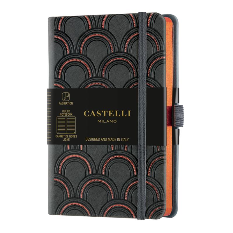 Luxurious Art Deco notebook with copper detailing, ruled ivory pages, ribbon marker, and eco-friendly certification.