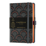 Luxurious Art Deco notebook with copper detailing, ruled ivory pages, ribbon marker, and eco-friendly certification.