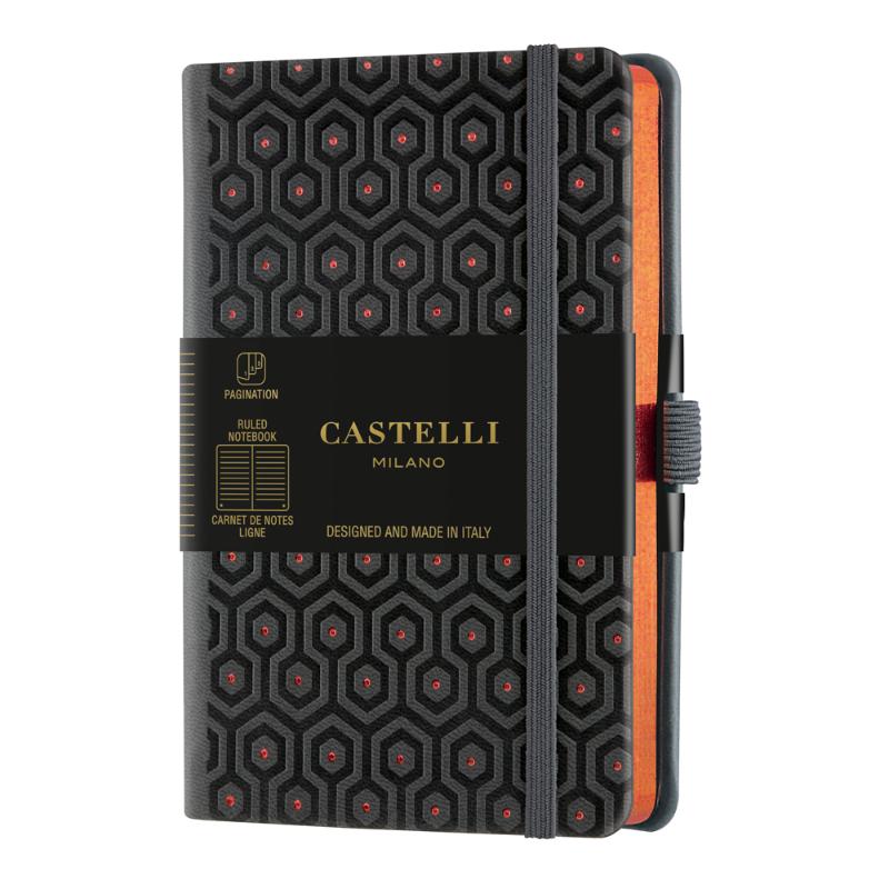 Elegant Castelli Honey Copper notebook with embossed cover, ruled ivory pages, ribbon marker, and eco-friendly materials.