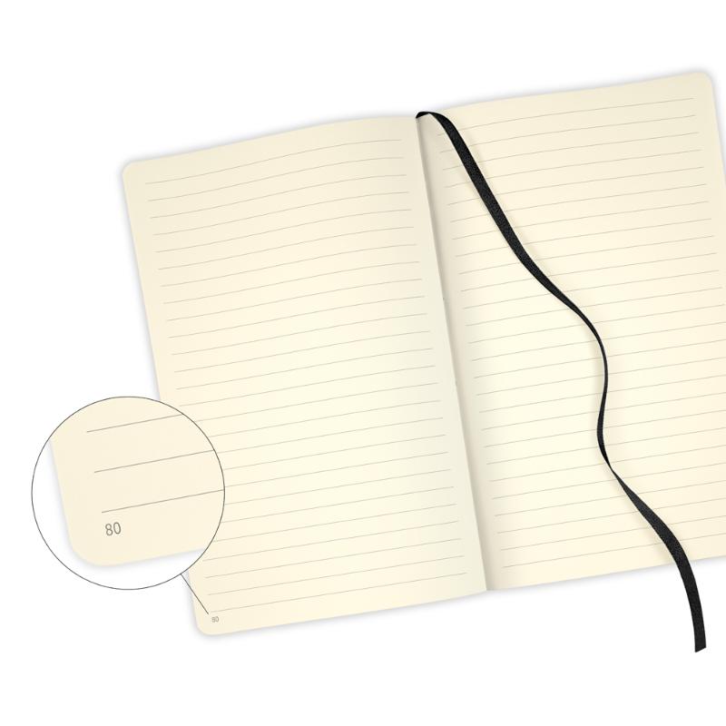 A5 ruled notebook with seashell design, ivory pages, ribbon marker, and elastic closure, ideal for journaling and note-taking.