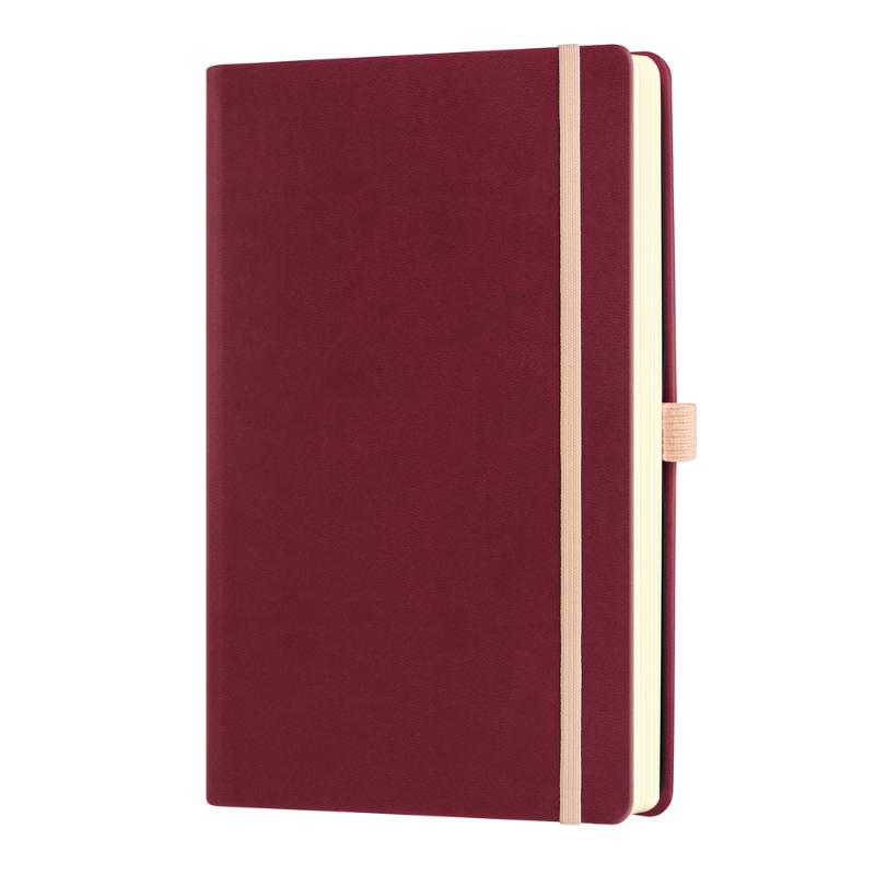 Luxury Castelli A5 ruled notebook in Black Cherry with elastic closure, ribbon marker, pen loop, and eco-friendly design.