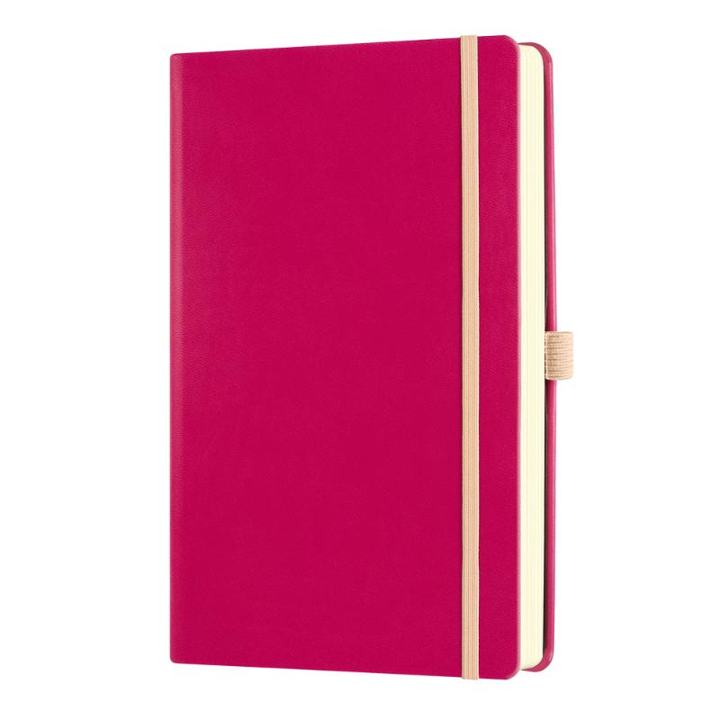 Elegant A5 ruled notebook in Amaranth with ivory pages, ribbon marker, and elastic closure for organized note-taking.