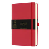 Elegant A5 ruled Castelli Notebook in Coral Red, featuring smooth cover, ribbon marker, and ivory pages with indexing.