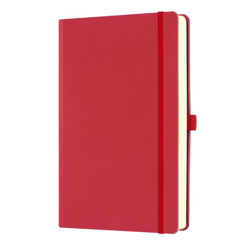 Elegant Coral Red A5 ruled notebook with smooth cover, ivory pages, ribbon marker, and elastic closure for organized writing.