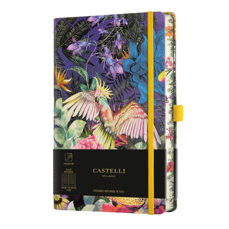 A5 ruled notebook featuring a vibrant cockatiel design surrounded by colorful foliage, ideal for writing and sketching.