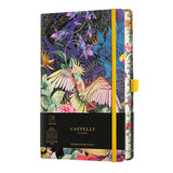 A5 ruled notebook featuring a vibrant cockatiel design surrounded by colorful foliage, ideal for writing and sketching.