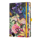 A5 ruled notebook featuring a vibrant cockatiel design, ivory paper, ribbon marker, and eco-friendly materials.