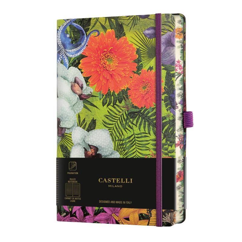 Castelli Eden A5 ruled notebook in Orchid, featuring floral designs, quality ivory paper, ribbon marker, and eco-friendly materials.