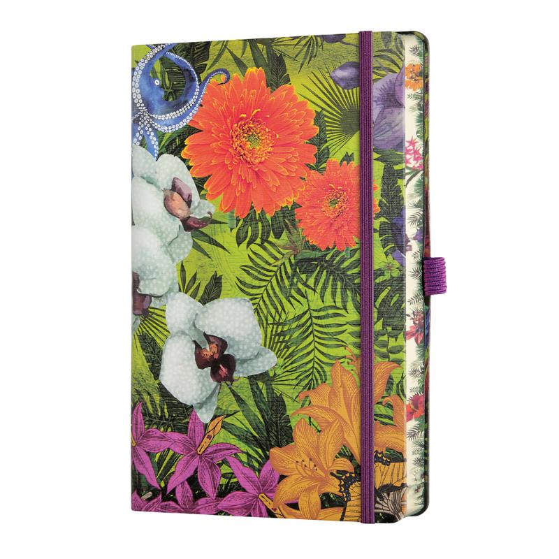 Elegant A5 ruled notebook in Orchid with floral designs, ribbon marker, pen loop, and eco-friendly FSC certified materials.