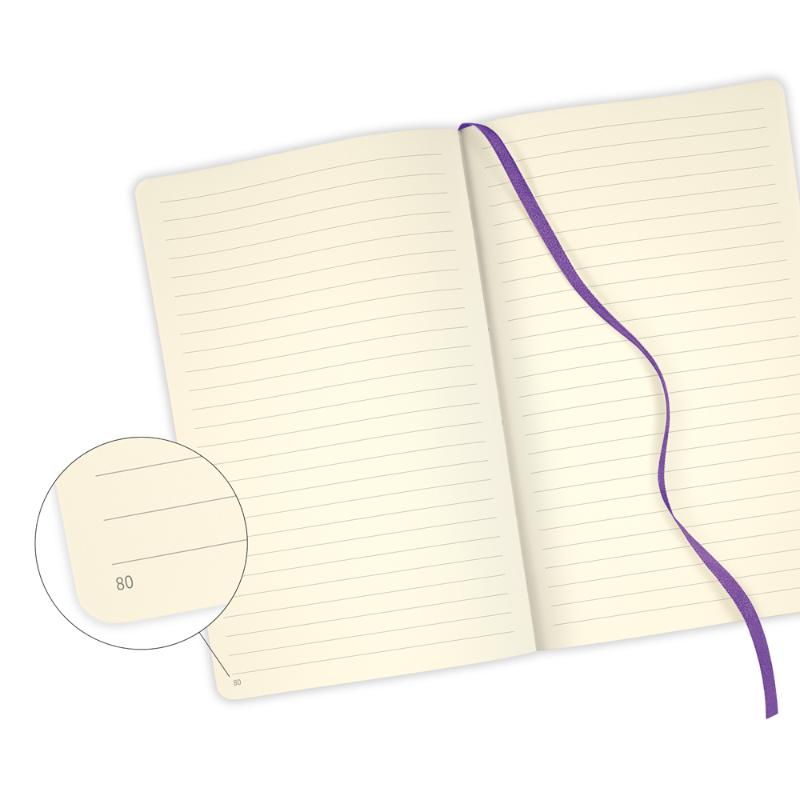 Elegantly designed A5 ruled notebook in Orchid, featuring floral patterns, ribbon marker, pen loop, and eco-friendly materials.