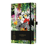 Castelli A5 notebook with zebra design, high-quality ivory paper, ribbon marker, and eco-friendly certification.