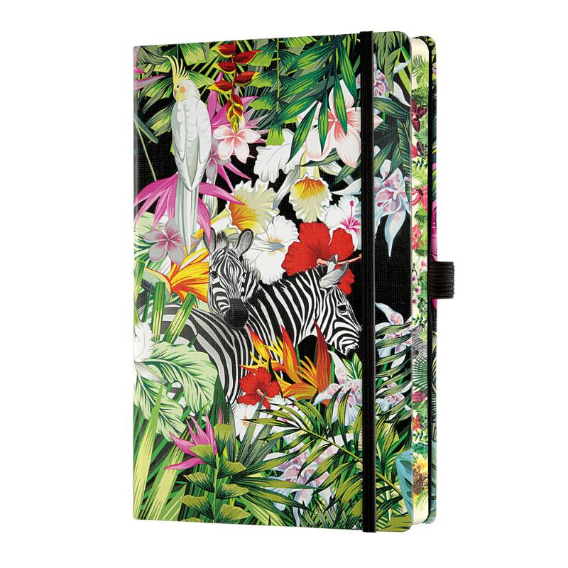 Elegant A5 ruled notebook featuring vibrant zebra designs, quality ivory paper, ribbon marker, and eco-friendly certification.