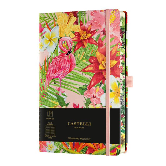 A5 ruled notebook featuring a vibrant flamingo design, smooth ivory paper, and practical elements like a ribbon marker and pen loop.