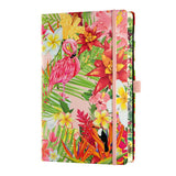 A5 ruled notebook with vibrant flamingo design, ivory pages, ribbon marker, and eco-friendly features, perfect for writing.