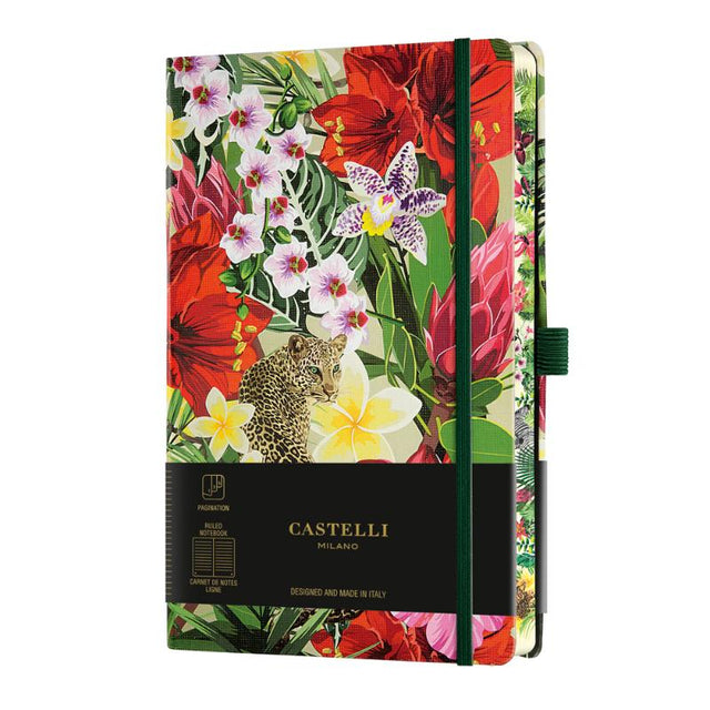 A5 ruled notebook with a leopard design, vibrant foliage, and eco-friendly features for smooth writing and creativity.