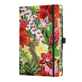 Elegant A5 ruled notebook featuring a unique leopard design amid vibrant foliage, with eco-friendly 90 gsm paper and practical details.