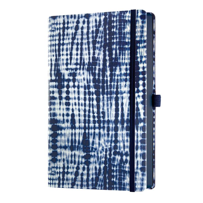 A5 notebook featuring elegant blue Shibori patterns, ruled ivory pages, and eco-friendly design with a pen loop and document pocket.