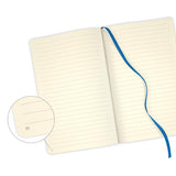 A5 ruled notebook with blue Shibori patterns, ivory pages, blue edges, and a black closure; eco-friendly and elegantly crafted.