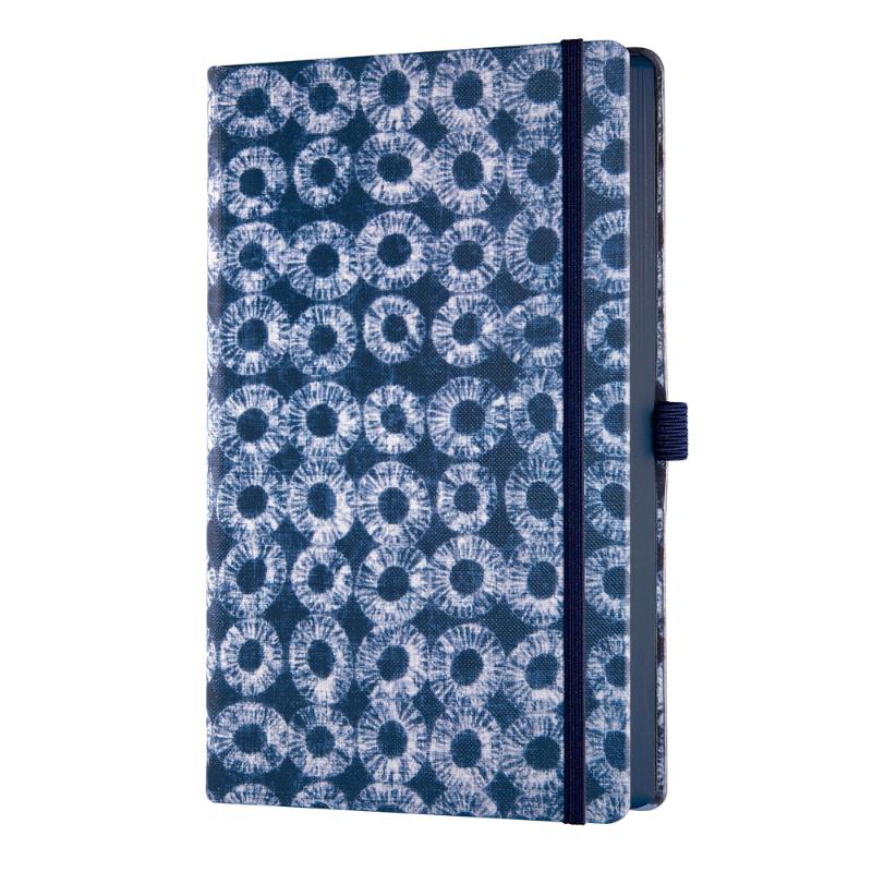 A5 ruled notebook featuring vibrant blue Shibori patterns, ribbon marker, and eco-friendly materials for stylish journaling.