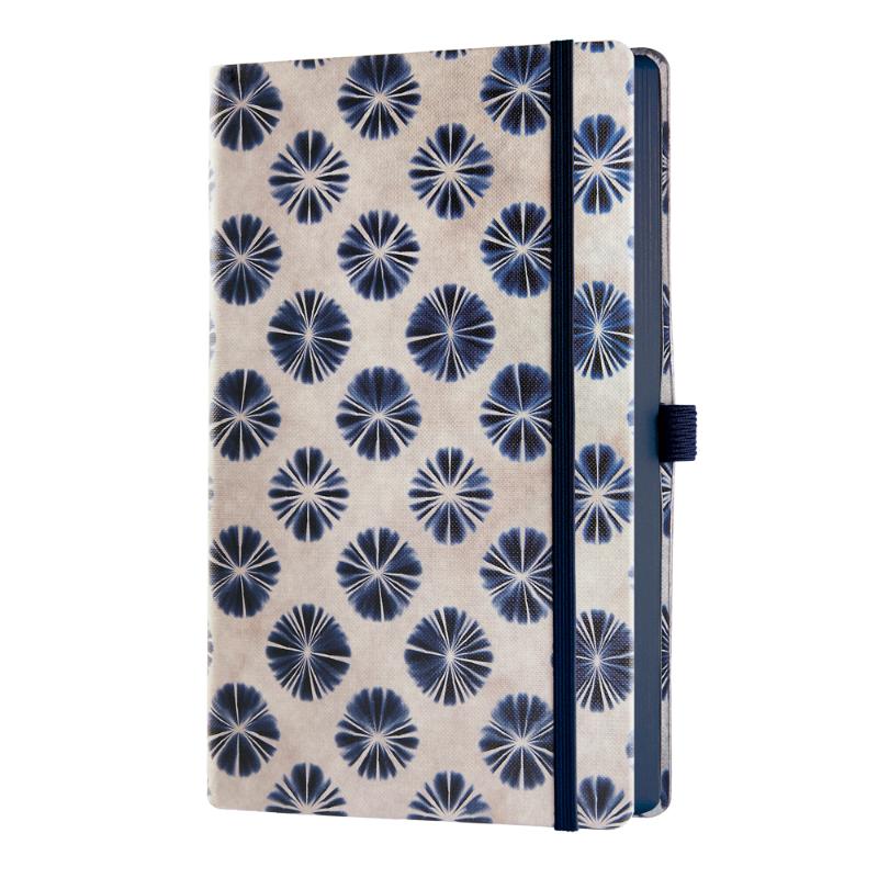 A5 ruled notebook featuring elegant blue Shibori patterns, ivory pages, and FSC certification for eco-friendliness.