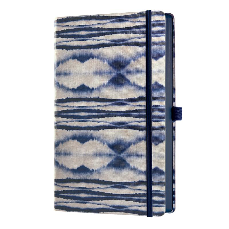 Elegant A5 notebook with Shibori design, ruled ivory pages, blue edges, ribbon marker, and eco-friendly certification.