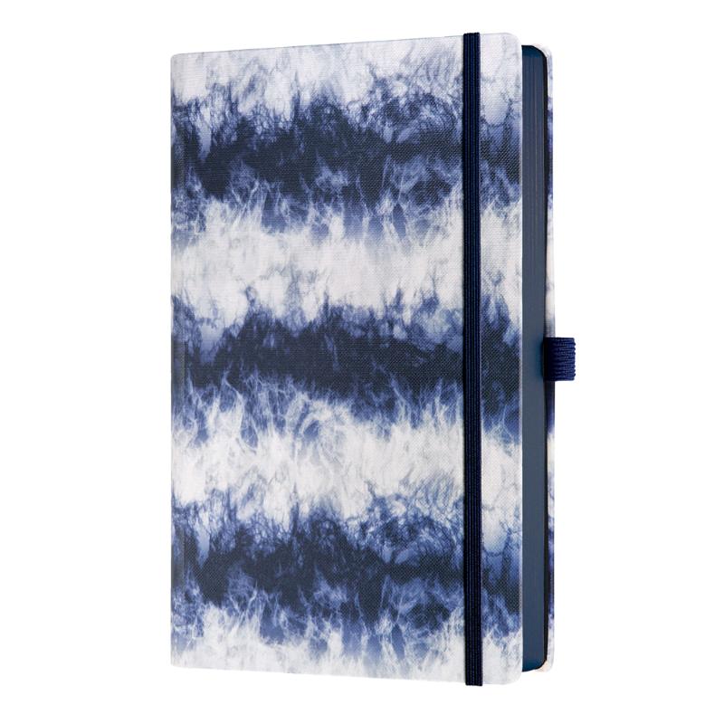 A5 ruled notebook with elegant blue Shibori patterns, ivory pages, blue edges, ribbon marker, and black closure band.