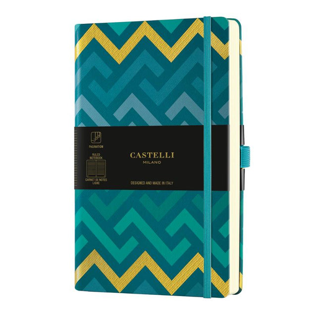 Elegant A5 notebook with textured cover, ruled pages, gold ribbon marker, and eco-friendly certification, perfect for note-taking.